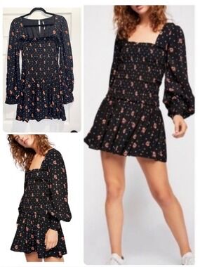 Free People Two Faces Smocked Mini Dress Floral in Black Combo Size Small